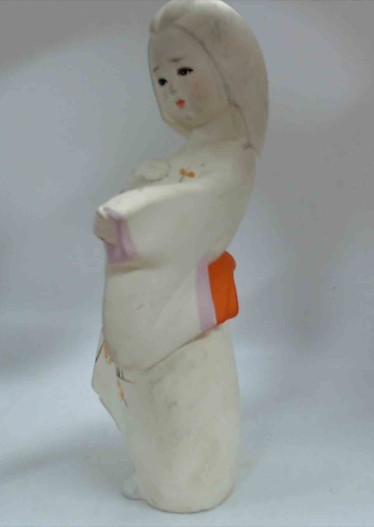 Vintage Japanese Hakata-Style Geisha Doll in White Cherry Blossom Kimono with Orange Obi