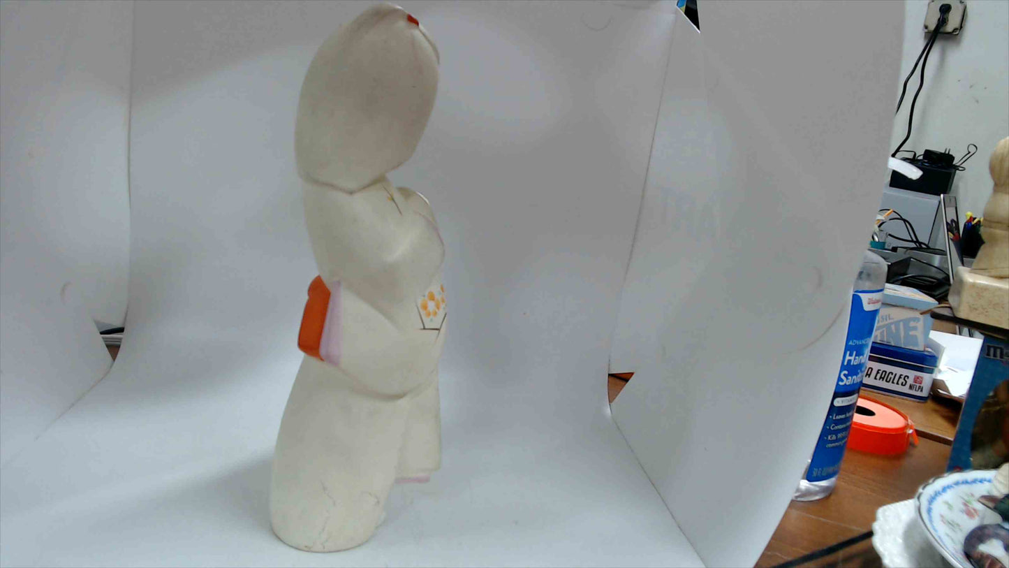 Vintage Japanese Hakata-Style Geisha Doll in White Cherry Blossom Kimono with Orange Obi