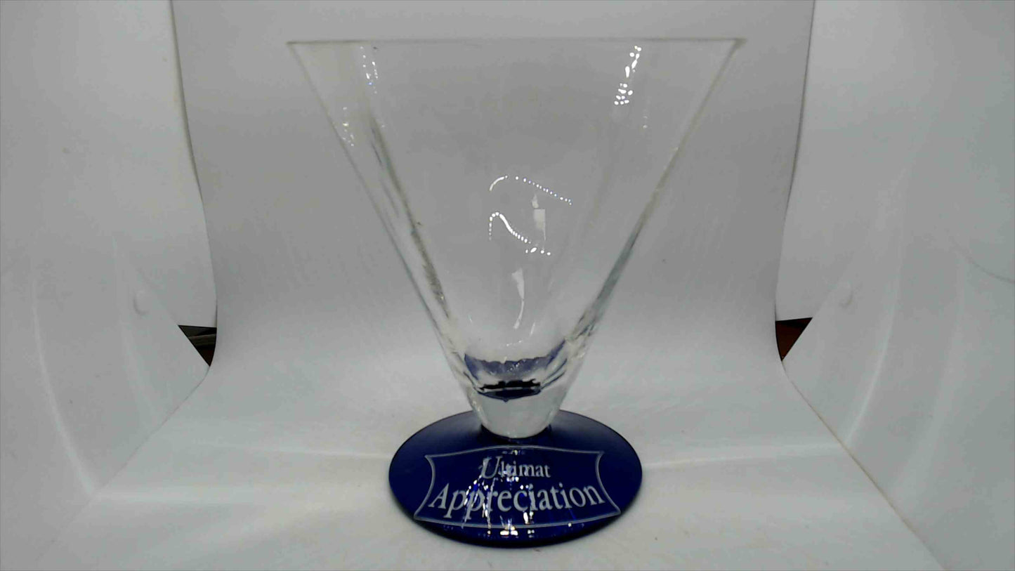 Ultimat Vodka "Appreciation" Large Glass Trophy Vase — Inverted Cone Clear Glass with Cobalt Blue Base, 8.75" Tall — 2 Small Rim Chips