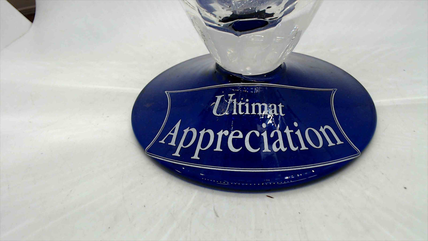 Ultimat Vodka "Appreciation" Large Glass Trophy Vase — Inverted Cone Clear Glass with Cobalt Blue Base, 8.75" Tall — 2 Small Rim Chips