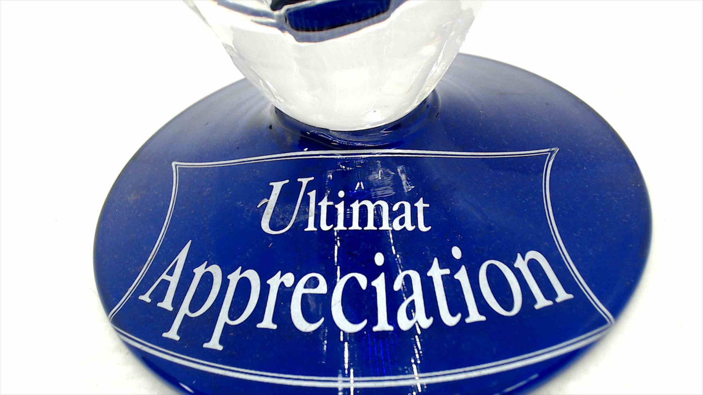 Ultimat Vodka "Appreciation" Large Glass Trophy Vase — Inverted Cone Clear Glass with Cobalt Blue Base, 8.75" Tall — 2 Small Rim Chips