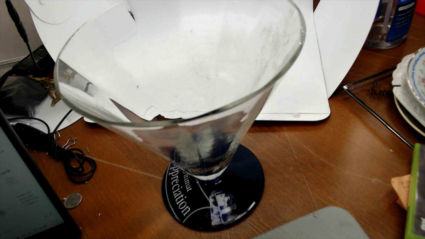 Ultimat Vodka "Appreciation" Large Glass Trophy Vase — Inverted Cone Clear Glass with Cobalt Blue Base, 8.75" Tall — 2 Small Rim Chips