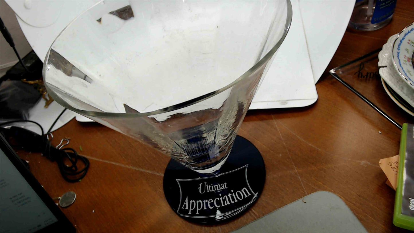 Ultimat Vodka "Appreciation" Large Glass Trophy Vase — Inverted Cone Clear Glass with Cobalt Blue Base, 8.75" Tall — 2 Small Rim Chips