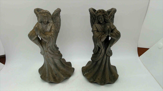 Pair of Metal Angel Candle Holders with Antique Bronze Finish & Detailed Wings — 6.75" Tall — Made in Indonesia