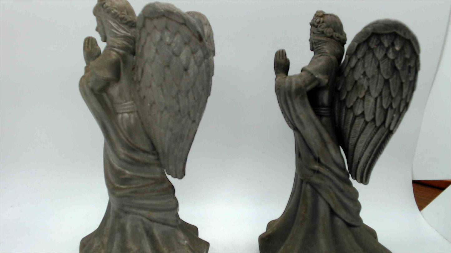 Pair of Metal Angel Candle Holders with Antique Bronze Finish & Detailed Wings — 6.75" Tall — Made in Indonesia