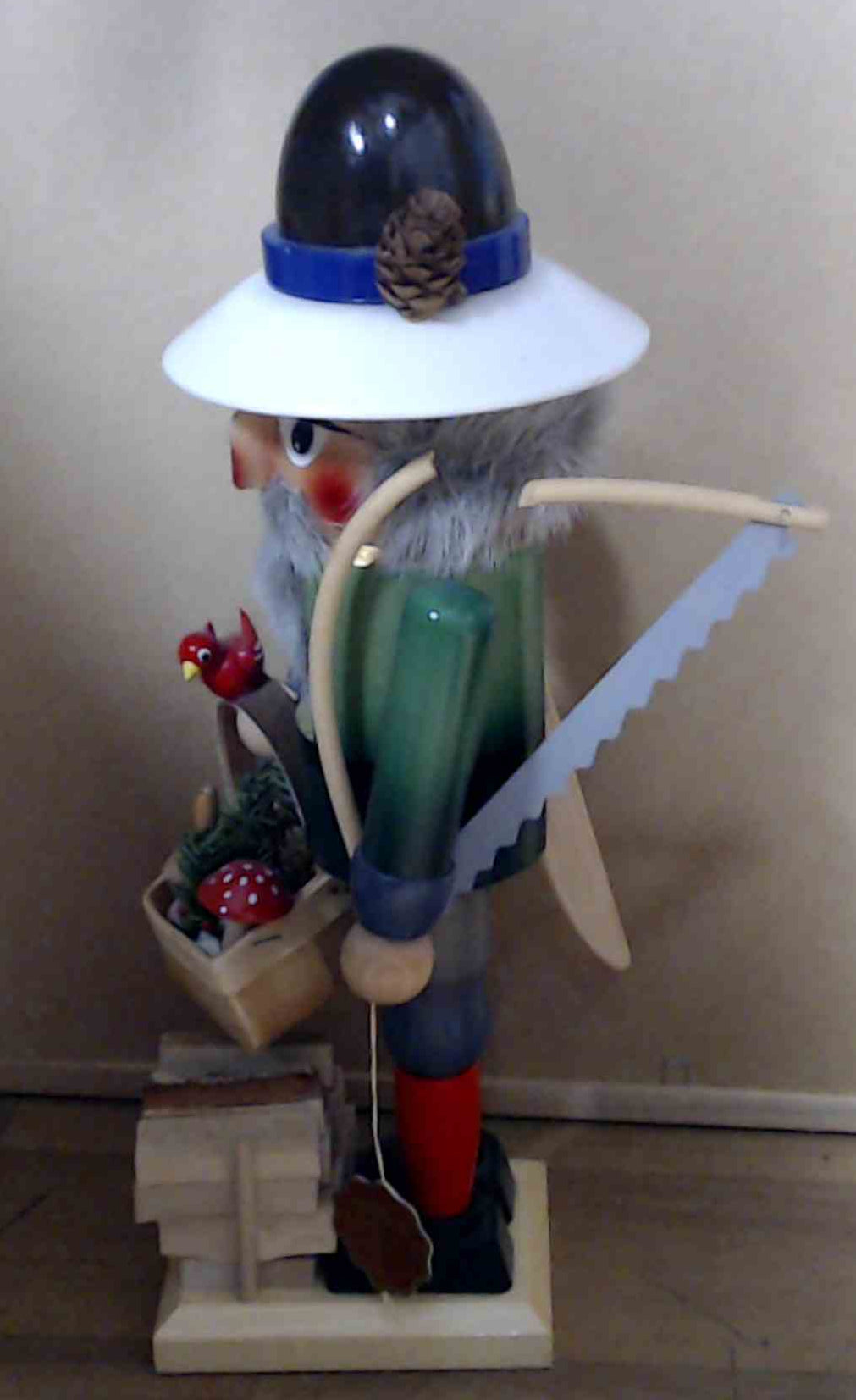 Steinbach Nutcracker Lumberjack 16"  Missing AXE, Saw is cracked, Writing on the bottom  Volkskunst Germany