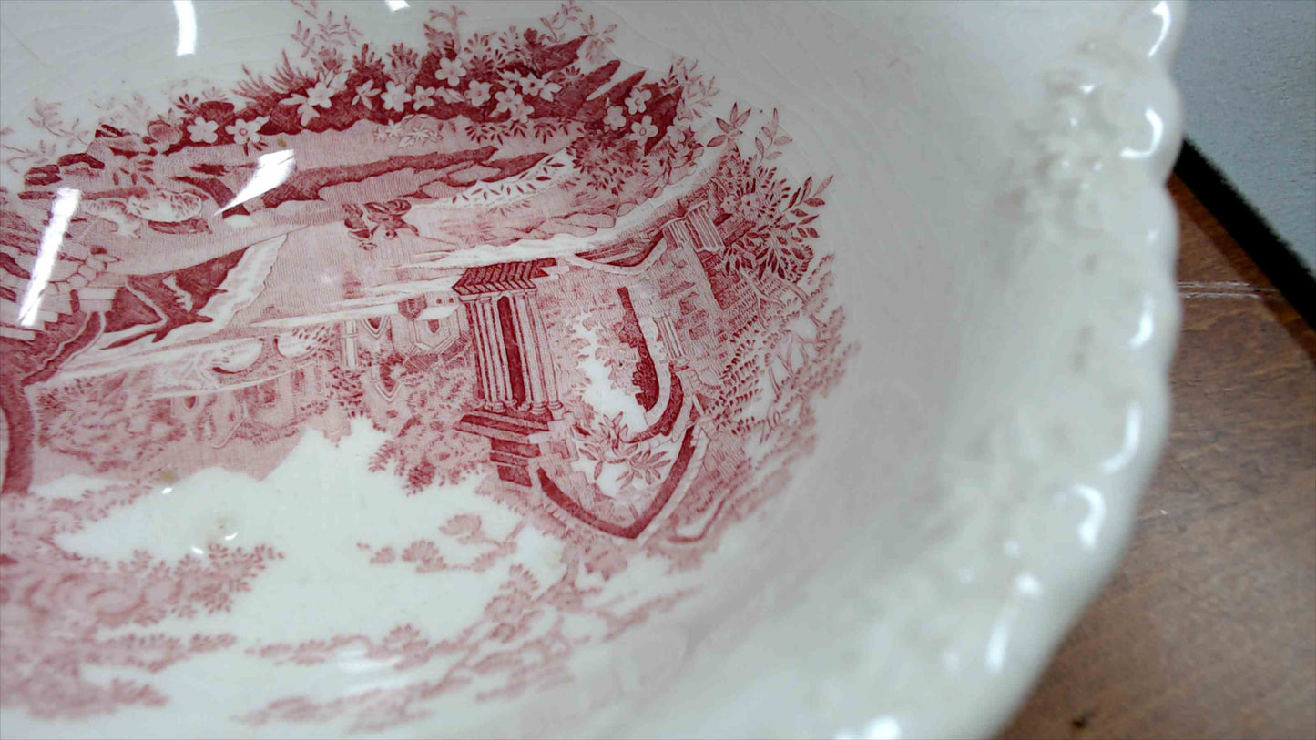 Vintage “English Abbey” Red Transferware – Cream Pitcher, Serving Bowl & Small Plate – Pink/Red – Antique Style Trio