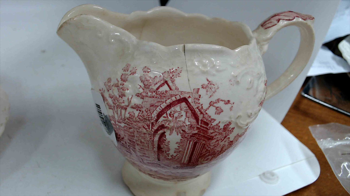 Vintage “English Abbey” Red Transferware – Cream Pitcher, Serving Bowl & Small Plate – Pink/Red – Antique Style Trio