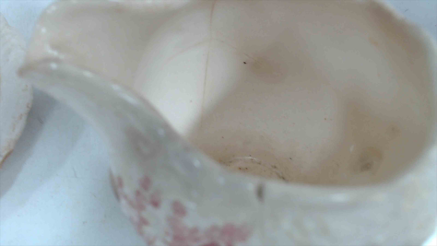 Vintage “English Abbey” Red Transferware – Cream Pitcher, Serving Bowl & Small Plate – Pink/Red – Antique Style Trio