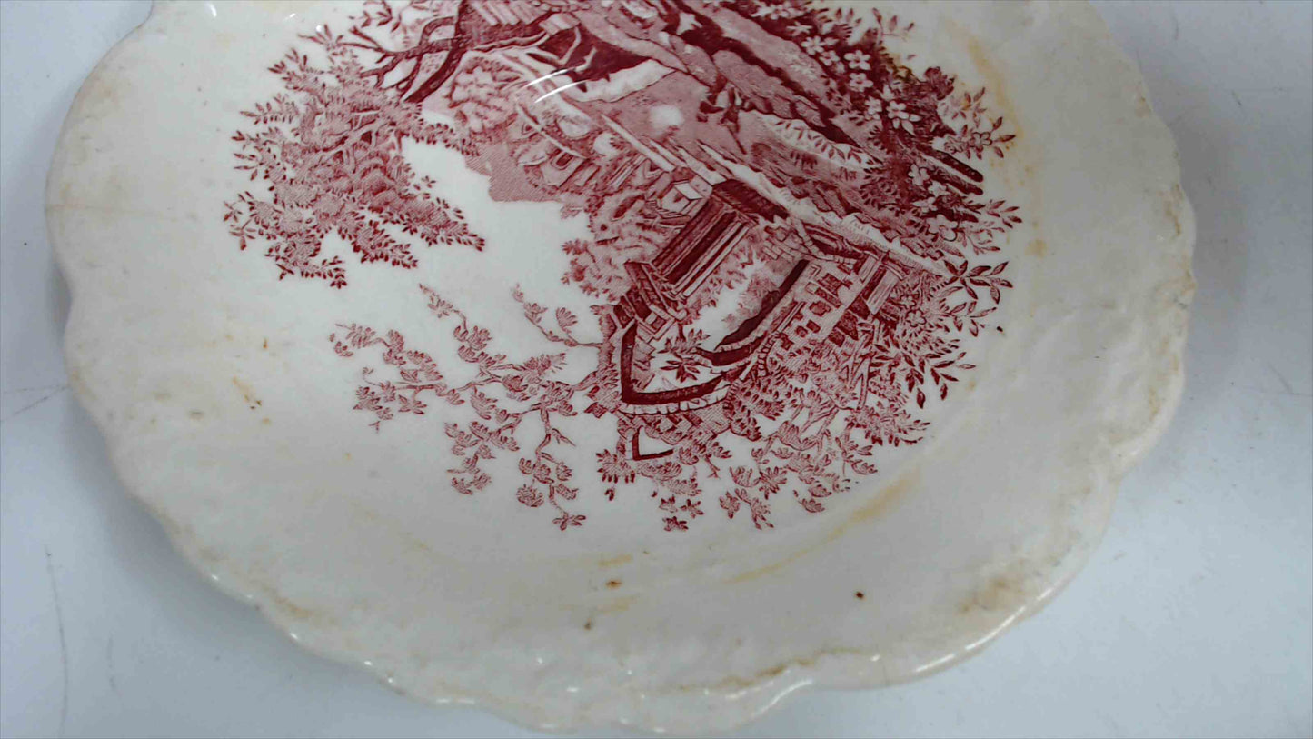 Vintage “English Abbey” Red Transferware – Cream Pitcher, Serving Bowl & Small Plate – Pink/Red – Antique Style Trio
