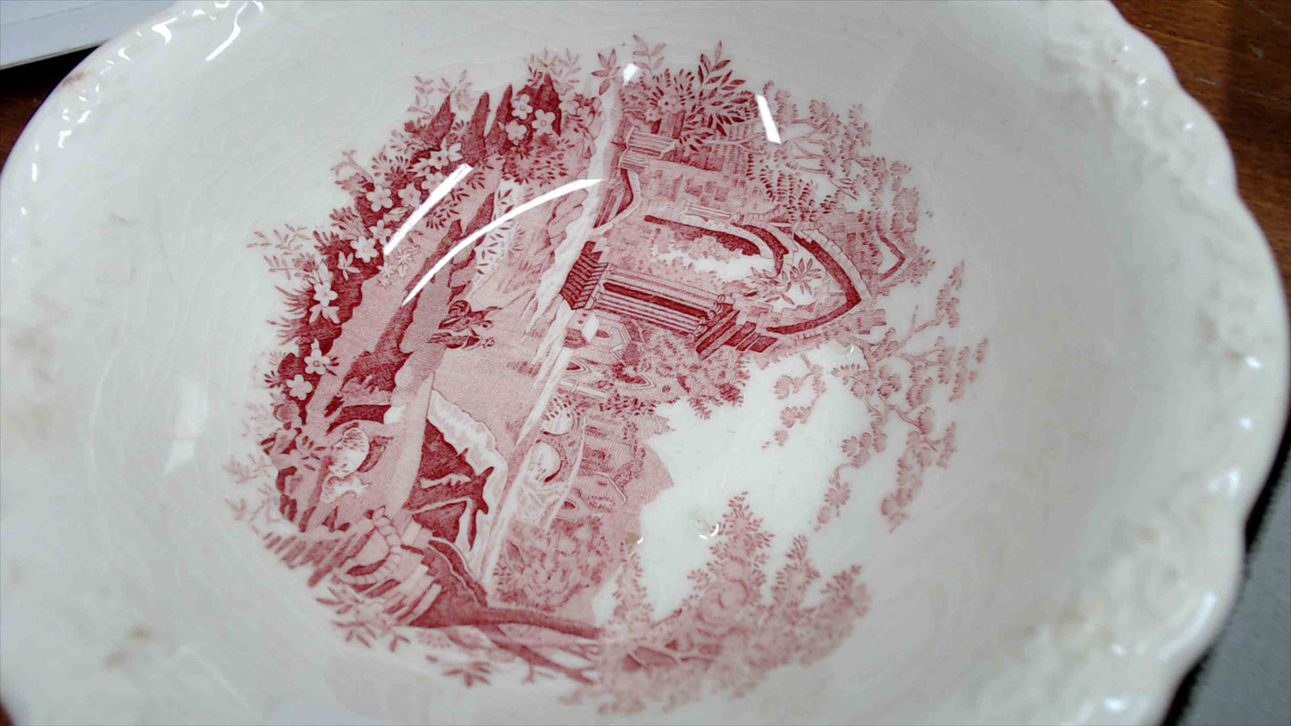 Vintage “English Abbey” Red Transferware – Cream Pitcher, Serving Bowl & Small Plate – Pink/Red – Antique Style Trio