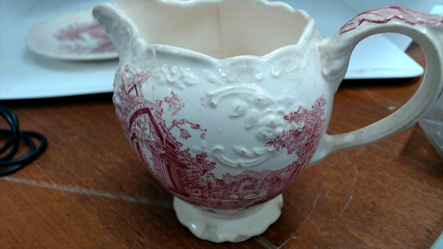 Vintage “English Abbey” Red Transferware – Cream Pitcher, Serving Bowl & Small Plate – Pink/Red – Antique Style Trio