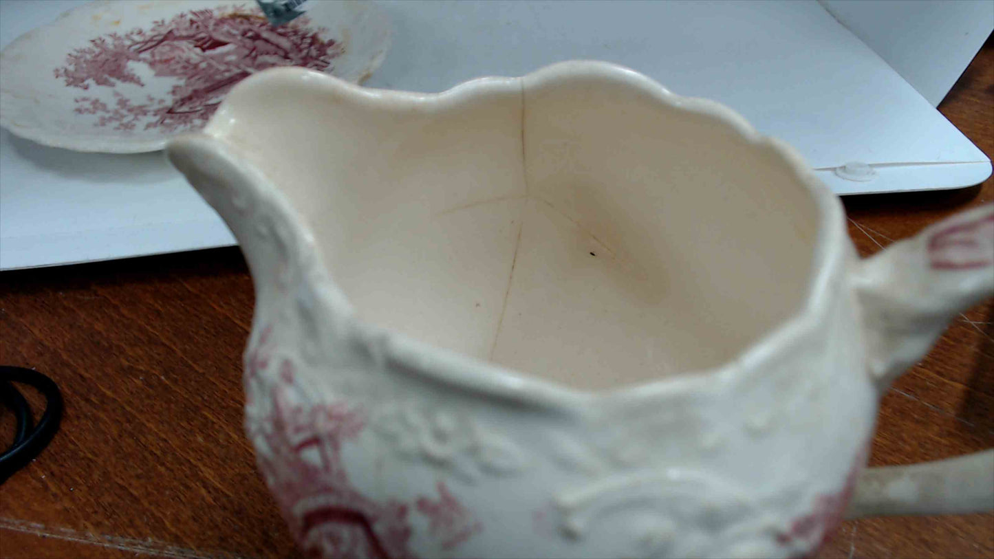 Vintage “English Abbey” Red Transferware – Cream Pitcher, Serving Bowl & Small Plate – Pink/Red – Antique Style Trio