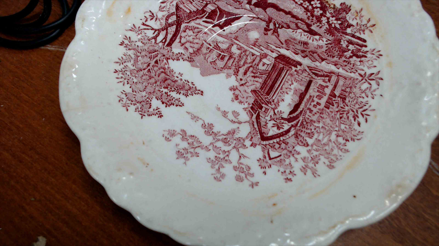 Vintage “English Abbey” Red Transferware – Cream Pitcher, Serving Bowl & Small Plate – Pink/Red – Antique Style Trio