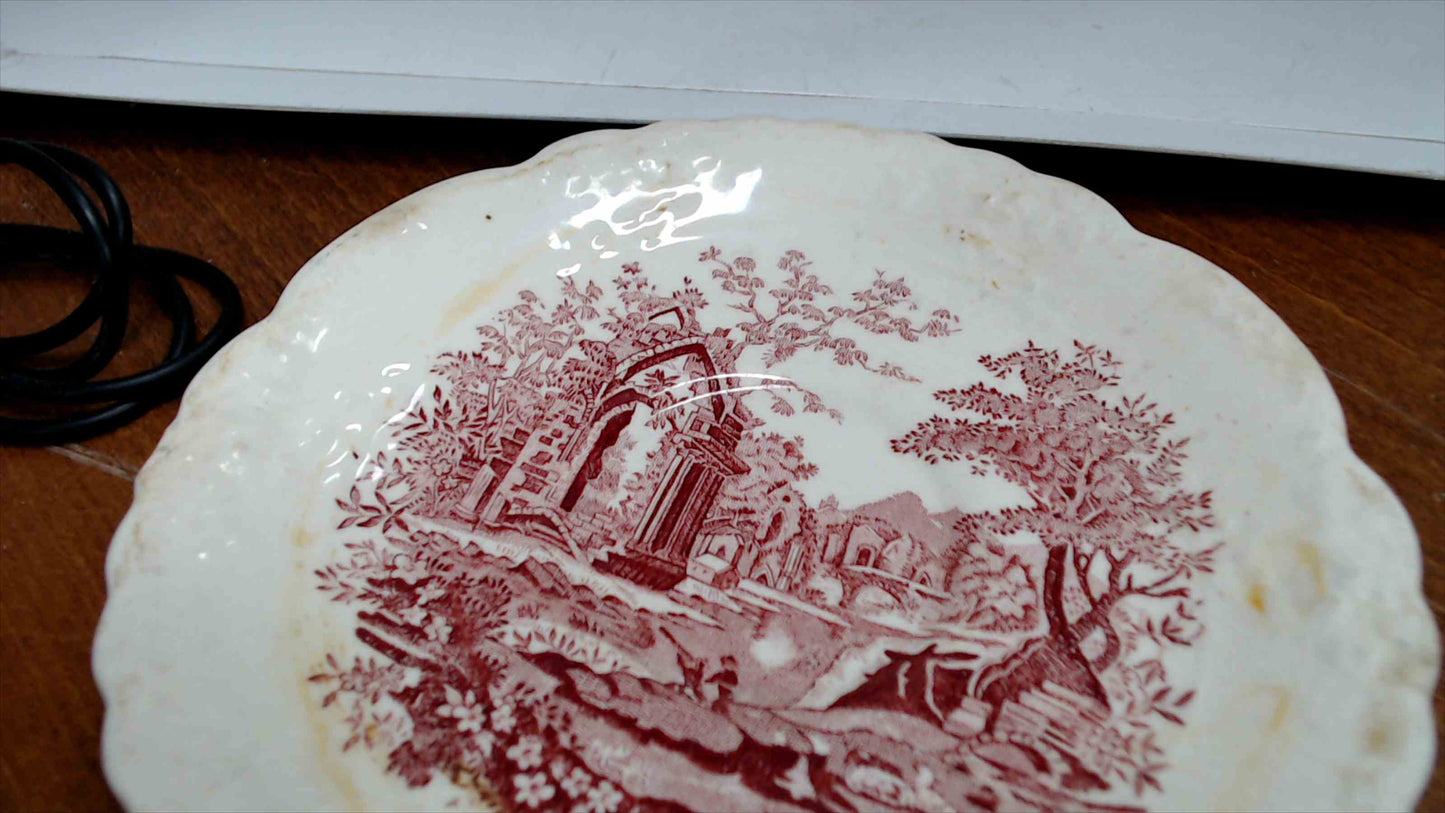 Vintage “English Abbey” Red Transferware – Cream Pitcher, Serving Bowl & Small Plate – Pink/Red – Antique Style Trio