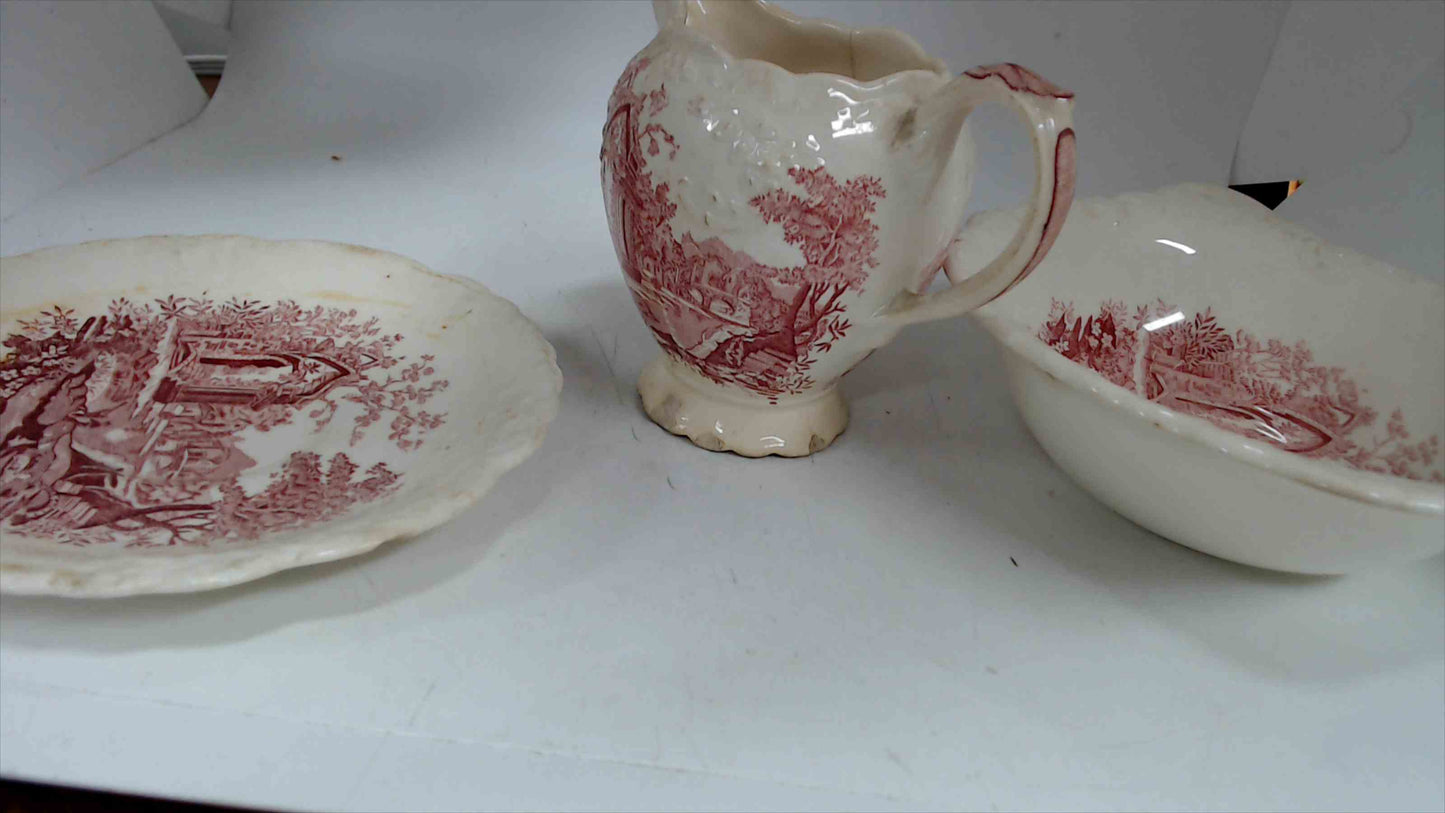 Vintage “English Abbey” Red Transferware – Cream Pitcher, Serving Bowl & Small Plate – Pink/Red – Antique Style Trio