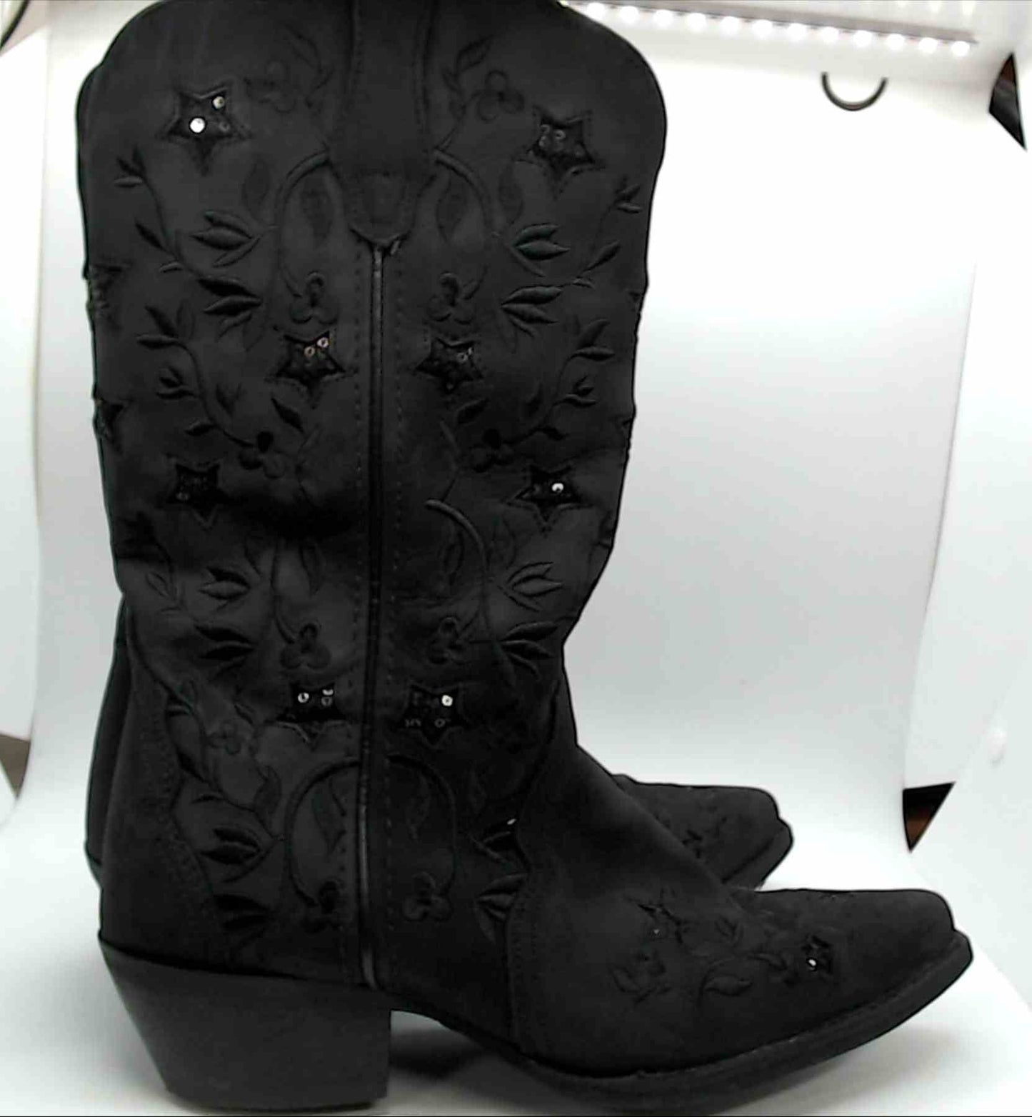 Laredo Black Womens Cowboy Boots with Sequin Stars and embroidered leaves Size 9 M