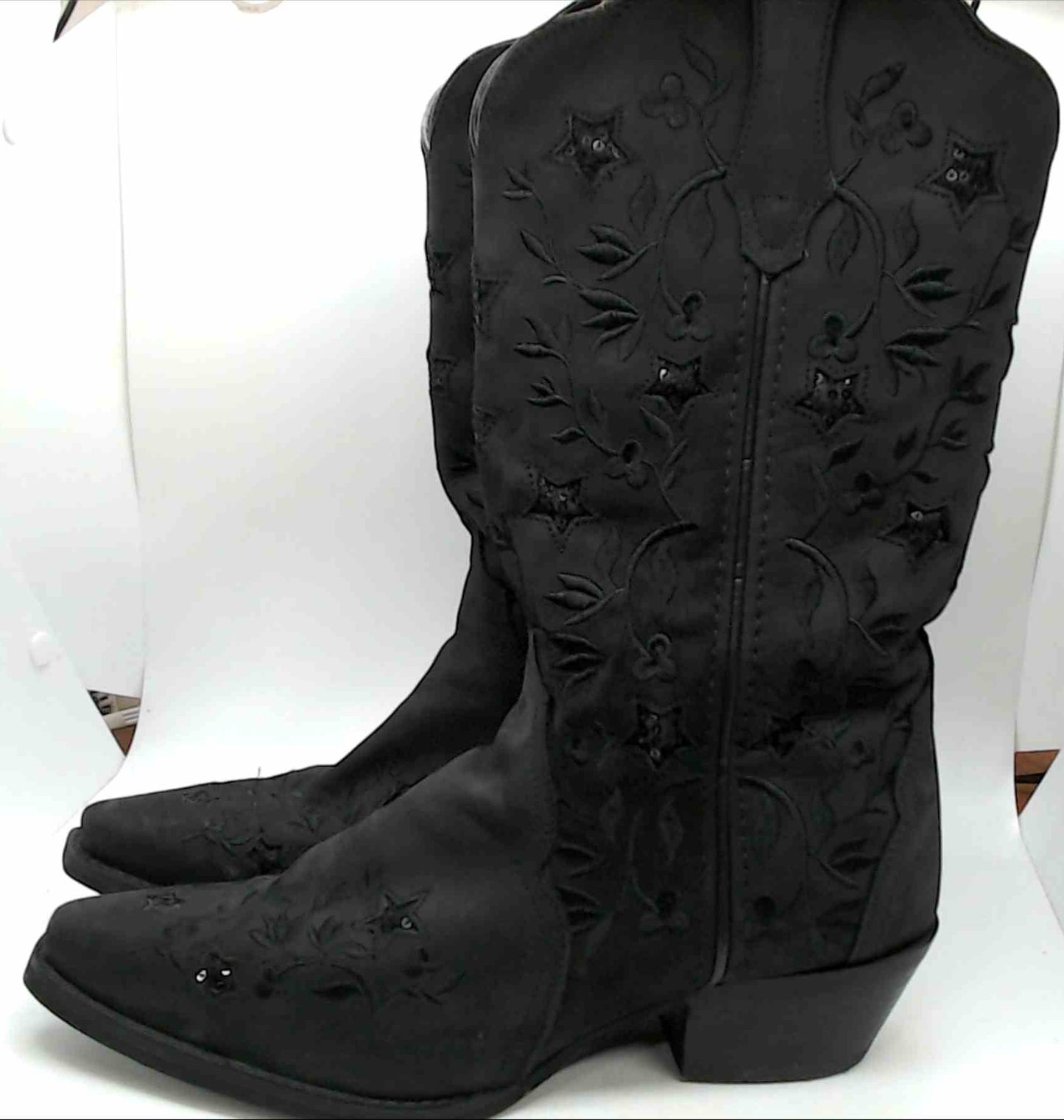 Laredo Black Womens Cowboy Boots with Sequin Stars and embroidered leaves Size 9 M