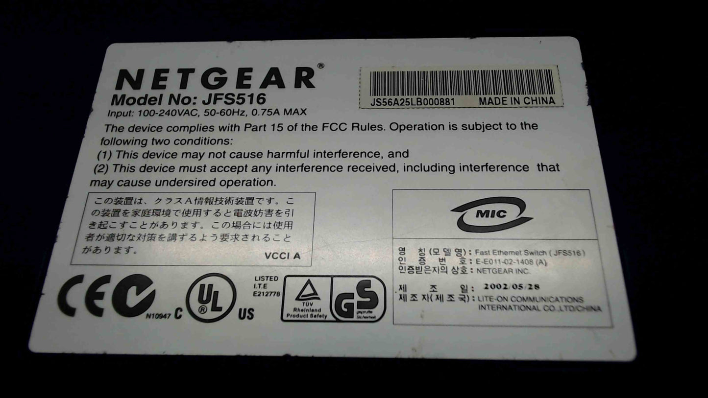 Netgear 16 Port 10/100 Mbps Fast Ethernet Switch model JFS516