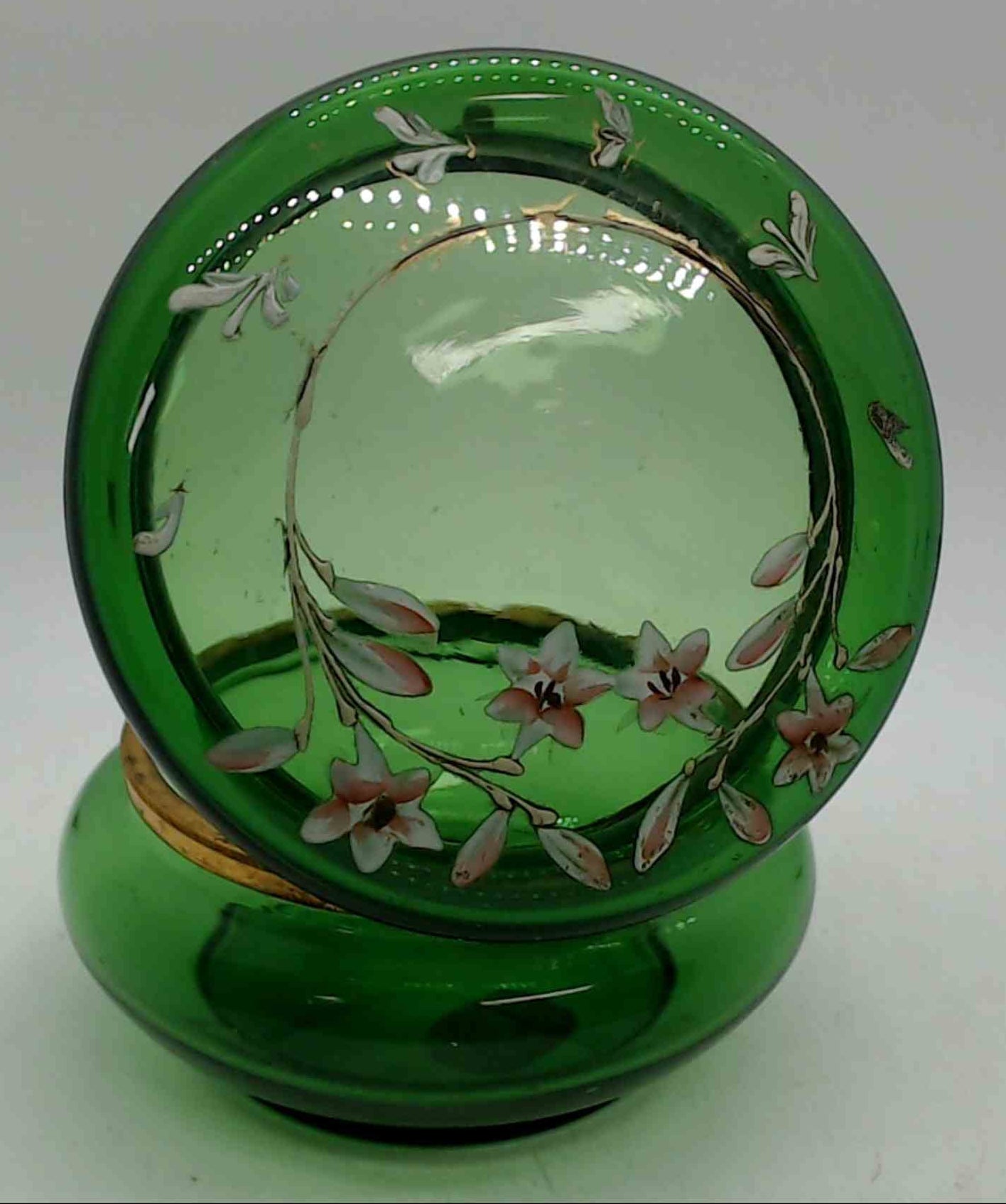 Antique Moser Czech Green Glass Dresser Vanity Jar Gold Enamel Under Hand-Painted Lilies