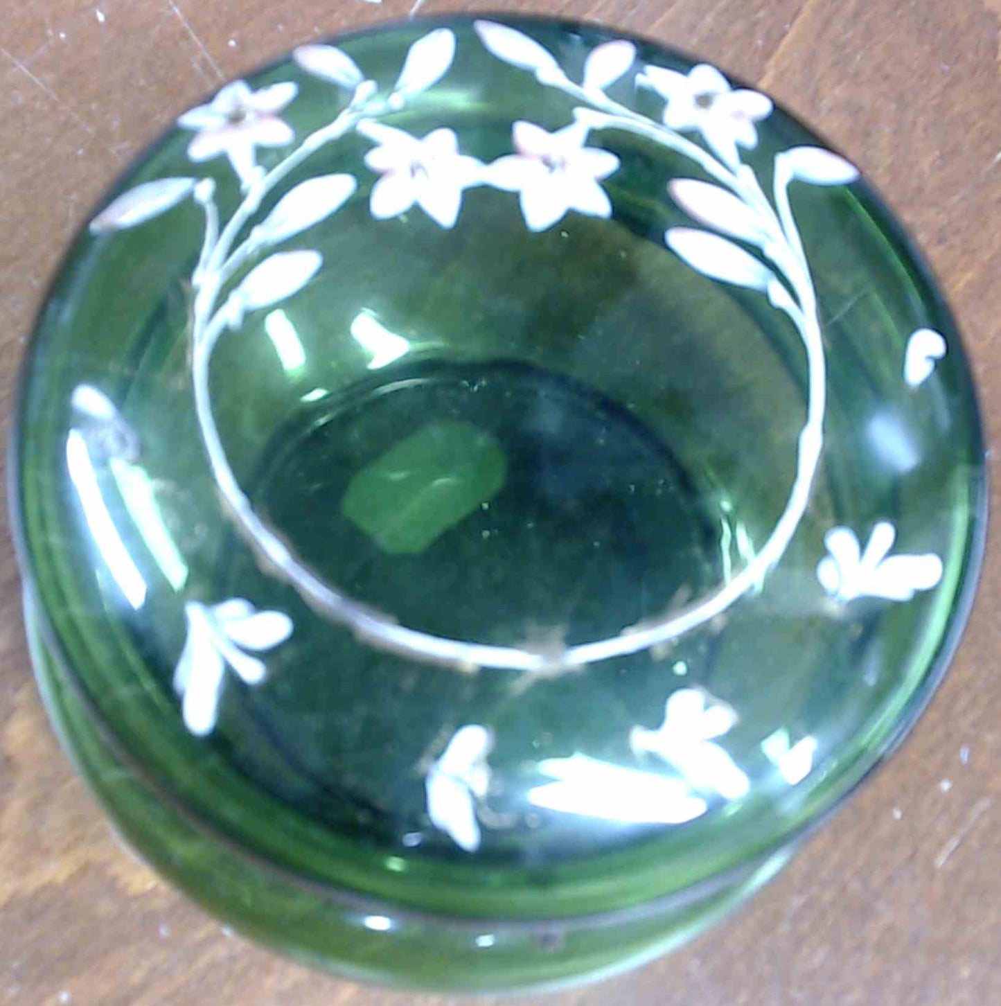Antique Moser Czech Green Glass Dresser Vanity Jar Gold Enamel Under Hand-Painted Lilies