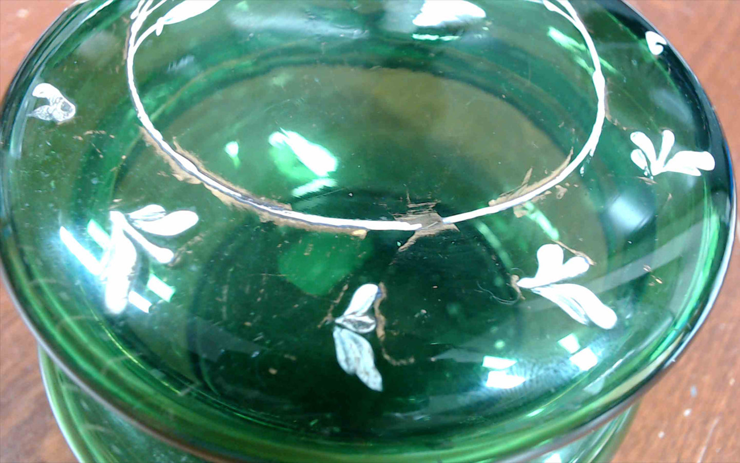 Antique Moser Czech Green Glass Dresser Vanity Jar Gold Enamel Under Hand-Painted Lilies