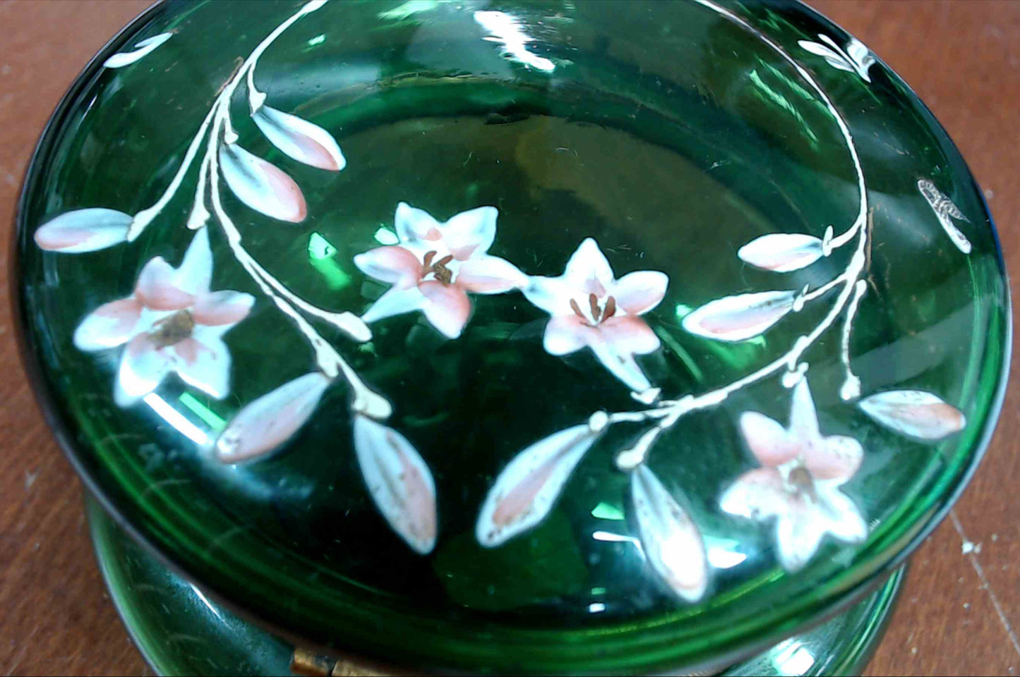 Antique Moser Czech Green Glass Dresser Vanity Jar Gold Enamel Under Hand-Painted Lilies