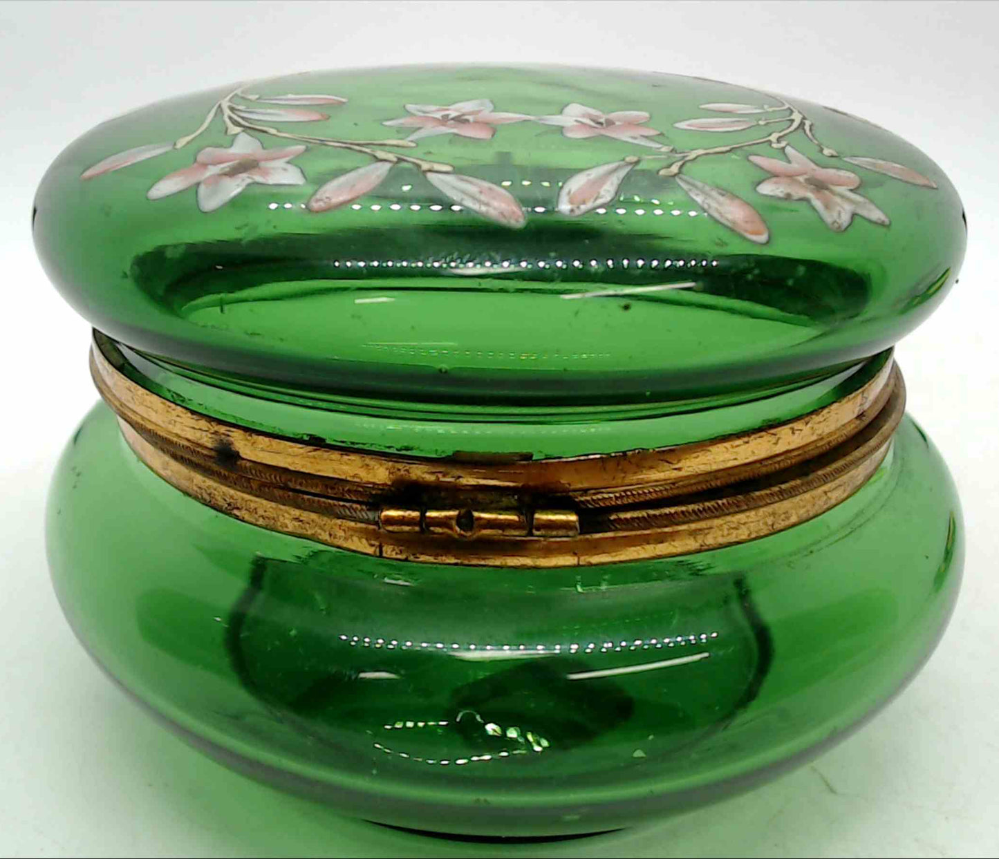 Antique Moser Czech Green Glass Dresser Vanity Jar Gold Enamel Under Hand-Painted Lilies