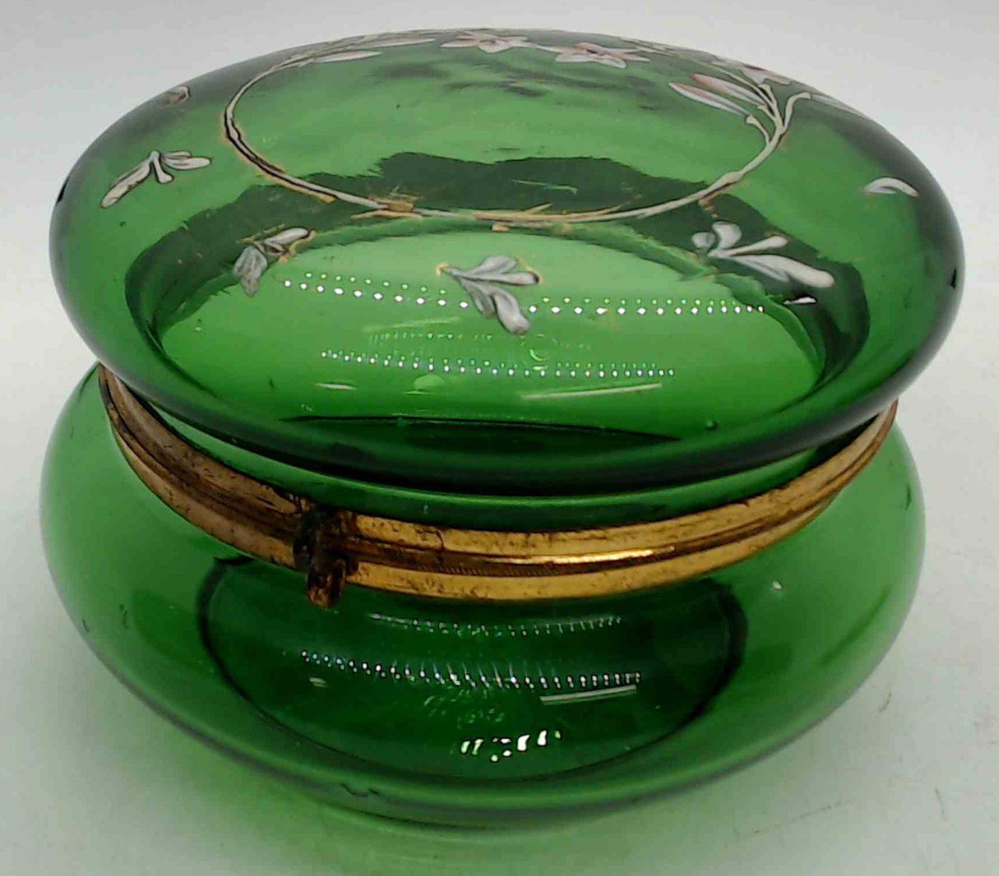 Antique Moser Czech Green Glass Dresser Vanity Jar Gold Enamel Under Hand-Painted Lilies