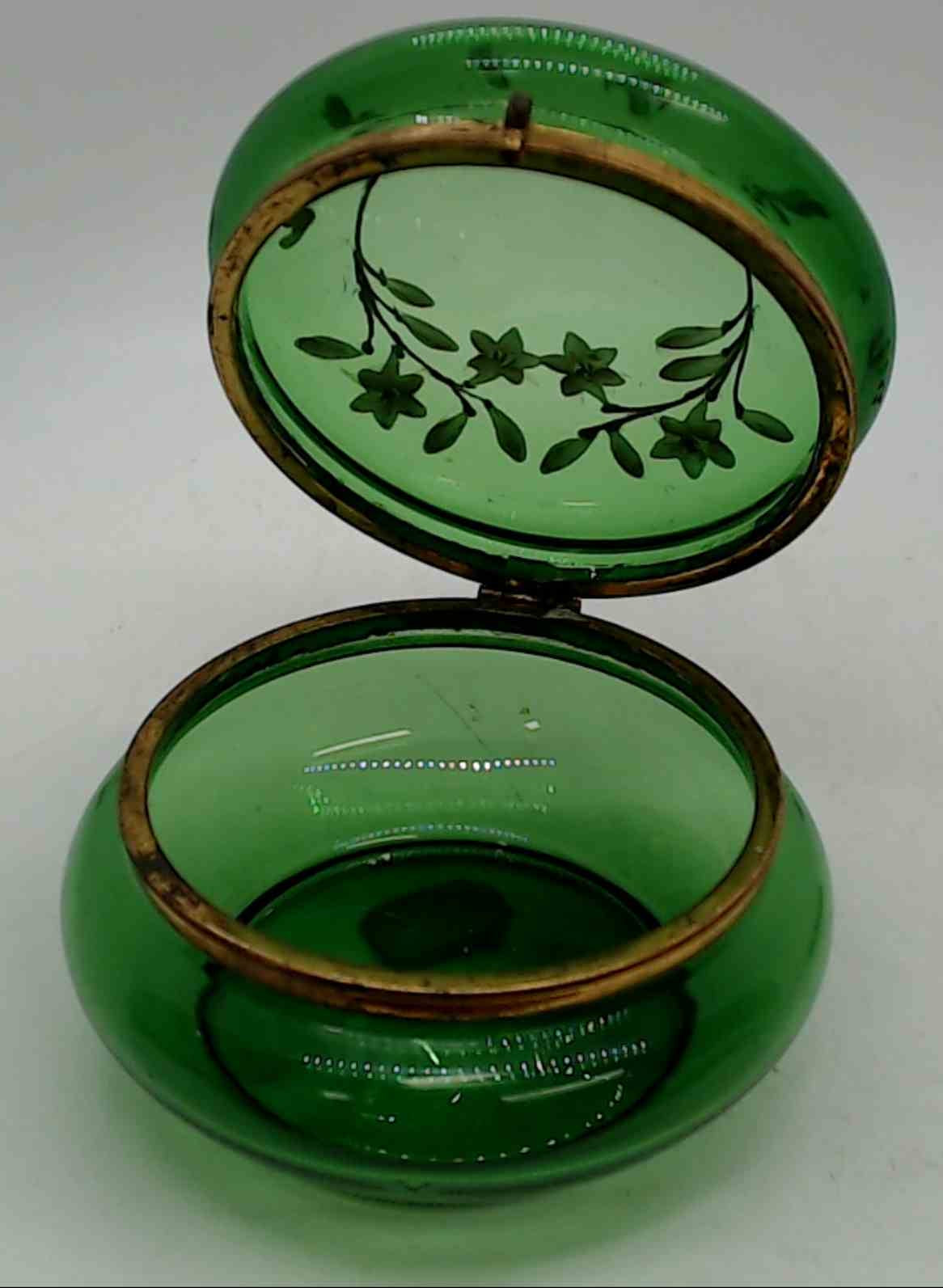 Antique Moser Czech Green Glass Dresser Vanity Jar Gold Enamel Under Hand-Painted Lilies