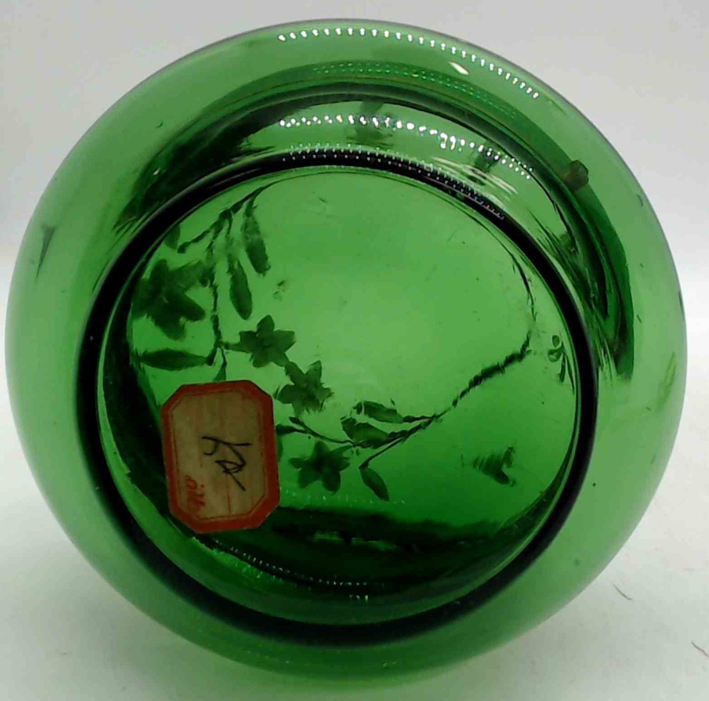 Antique Moser Czech Green Glass Dresser Vanity Jar Gold Enamel Under Hand-Painted Lilies