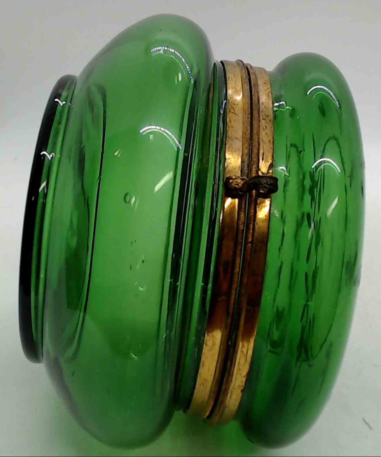 Antique Moser Czech Green Glass Dresser Vanity Jar Gold Enamel Under Hand-Painted Lilies