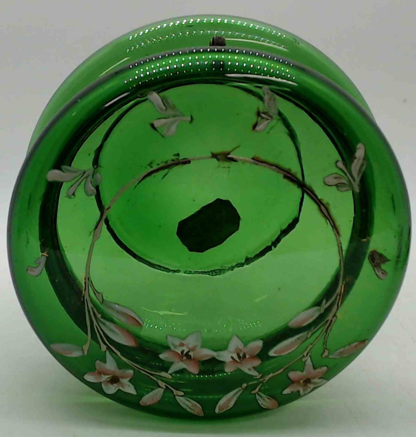 Antique Moser Czech Green Glass Dresser Vanity Jar Gold Enamel Under Hand-Painted Lilies