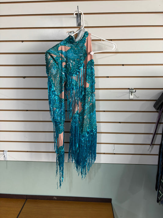 Turquoise Sequin Fringe Latin Dance Dress – One Sleeve