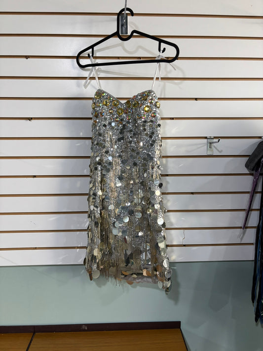 Glam Sequin Fringe Party Dress – Silver & Gold Embellished Mini Dress