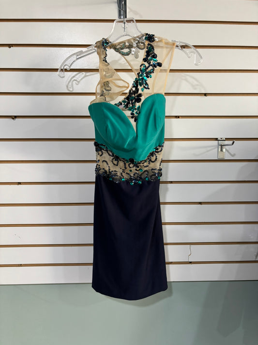 Elegant Teal & Black Illusion Cocktail Dress with Sequin Embellishments